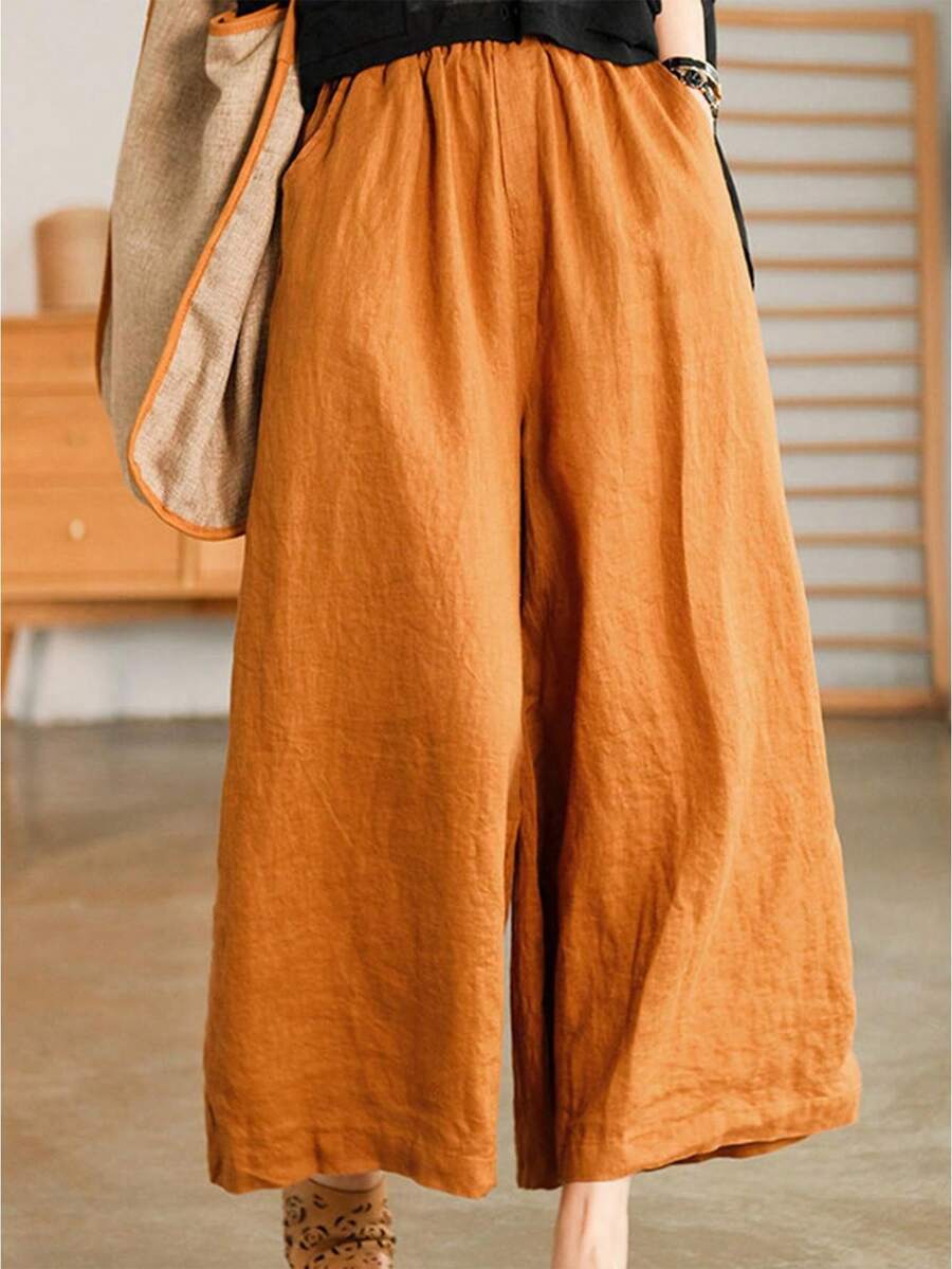 Plus Size High Waisted Wide Leg Pants Solid Elastic Waist Loose Fit Flowy Trousers With Pockets - Yellow - View 1
