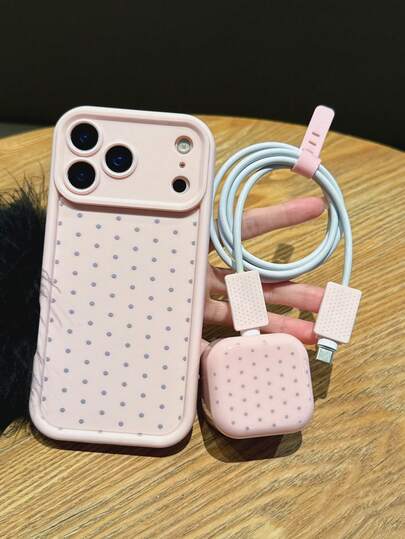 5-Piece UK Standard Charger Case Set (1 Pink Thick TPU Phone Case + 1 Pink UK Standard Charger Case + 2 Pink Data Cable Anti-Break Clips + 1 Pink Cable Tie) UV Printed Polka Dot Pattern Suitable Compatible With Apple 7/8/7PLUS/8PLUS/X/XR/XR/XSMAX/11/11PRO/11PROMAX/12/12PRO/12PROMAX/12MINI/13/13PRO/13PROMAX/14/14PRO/14PROMAX/14PLUS/15/15PRO/15PROMAX/15PLUS/16/16pro/16promax/16PLUS/17/17pro/17pro/17promax/AIR