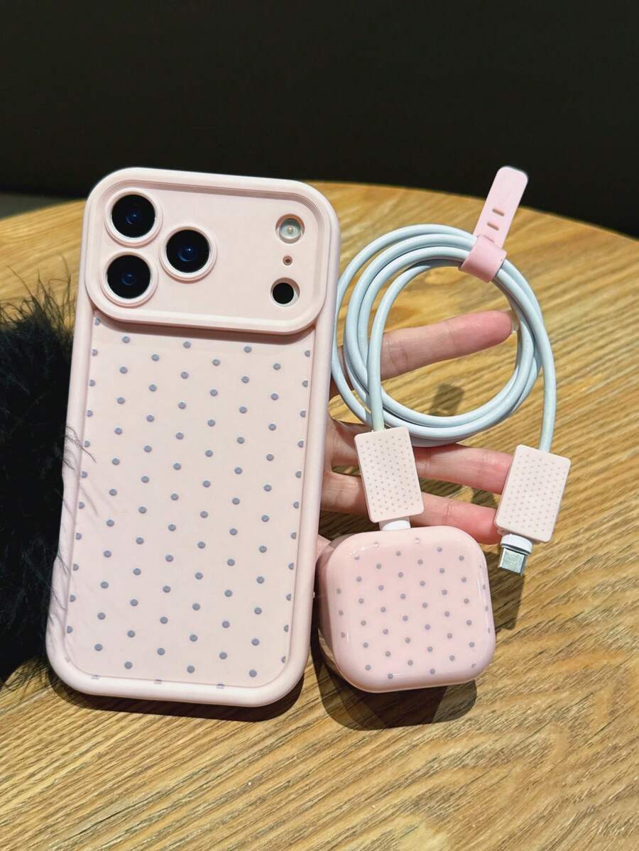 5-Piece UK Standard Charger Case Set (1 Pink Thick TPU Phone Case + 1 Pink UK Standard Charger Case + 2 Pink Data Cable Anti-Break Clips + 1 Pink Cable Tie) UV Printed Polka Dot Pattern Suitable Compatible With Apple 7/8/7PLUS/8PLUS/X/XR/XR/XSMAX/11/11PRO/11PROMAX/12/12PRO/12PROMAX/12MINI/13/13PRO/13PROMAX/14/14PRO/14PROMAX/14PLUS/15/15PRO/15PROMAX/15PLUS/16/16pro/16promax/16PLUS/17/17pro/17pro/17promax/AIR