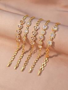 1pc Gold Heart Rhinestone Bracelet - Sweetly Sparkling Everyday Jewelry - Gold - View 1