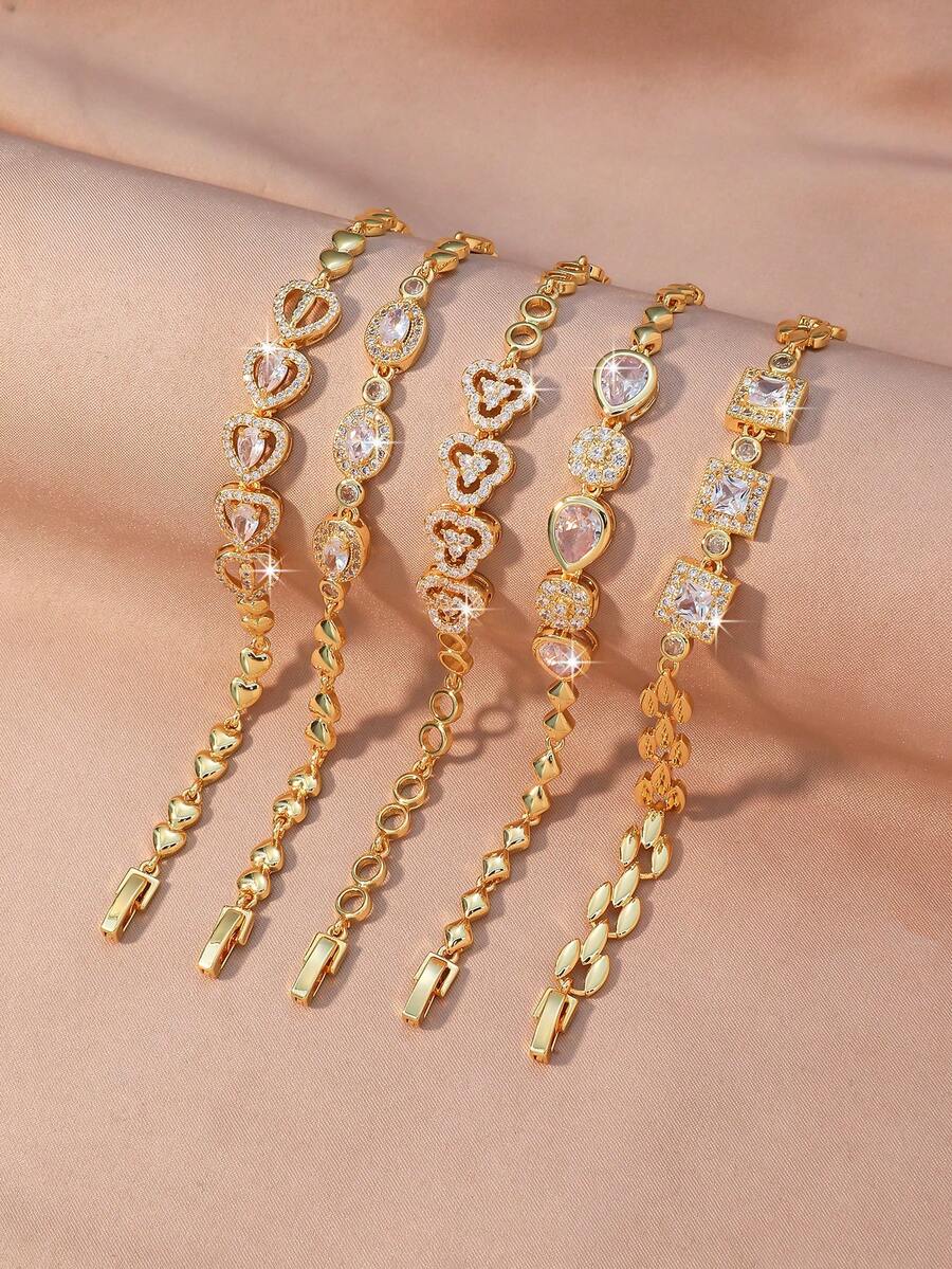 1pc Gold Heart Rhinestone Bracelet - Sweetly Sparkling Everyday Jewelry - Gold - View 1
