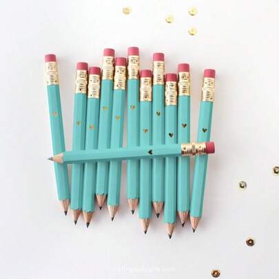 24pcs Gold Foil Heart Teal Mini Pencils // Bridal Shower Game Pencils, Mini Pencils, Golf Pencils, Shower Favor, Blue Pencils, Weddings