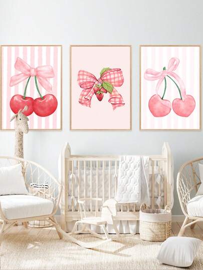 1/3pcs/Set Canvas Wall Art - Girls' Room Decor Berry & Bow Children's Playroom Decor Cherry Strawberry Wall Art Set Bow Baby Room 3-Piece Set Baby Products – Framed Nursery Wall Art Perfect Fit For Playroom Decor Nursery Decor, Childcare Room Decor, Preschool Decor, Boy's Room Decor Girl's Bedroom Decor Children's Room Decor Valentine's Day Decor
