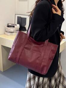 Sac à main transfrontalier, unisexe, mode, matériau en PU, couleur unie, minimaliste, sac à bandoulière/sous le bras/à poignée supérieure multifonctionnel, convient pour un usage quotidien décontracté, les déplacements, les courses, les voyages et diverses occasions - Rouge foncé - Voir 4