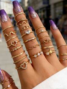 28pcs Fashionable & Versatile Heart Shaped Rhinestone Decorated Wavy Design Ring Set, Suitable For Holidays, Vacations, Street Wear Jewelry Accessories - 28 Items - View 7