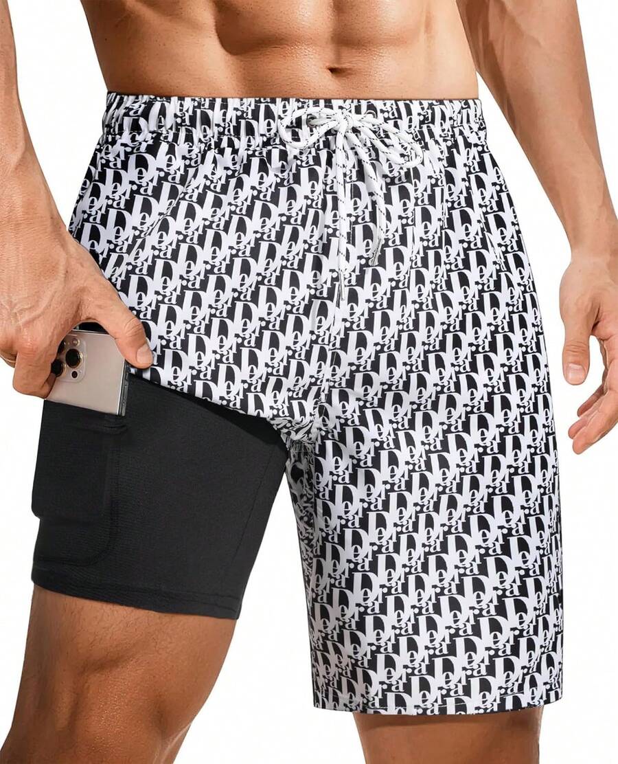 9inch Mens Swim Trunks: 2 In 1 With Compression Liner Stretch Quick Dry Drawstring Shark Pockets Beach Pool VacationA Valentine's Day HVGG - Impresión de letra - Ver 1