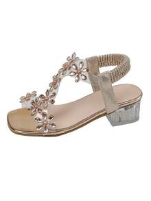 女童金色水晶花朵凉鞋 | 透明粗跟细带扣 - 金色 - 查看 8