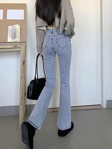 女士休闲日常水洗斜插口袋喇叭牛仔裤 春季款 - 藍色 - 查看 5