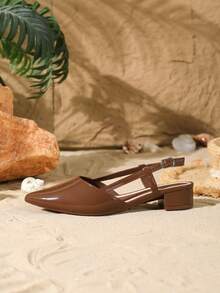 女士尖头粗跟凉鞋，休闲户外搭扣高跟鞋，优雅正式棕色高跟鞋 - 棕色 - 查看 5