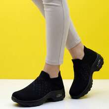 女士灰色格子条纹软垫运动鞋，针织套脚休闲运动舞蹈鞋 - 1740 - 查看 1