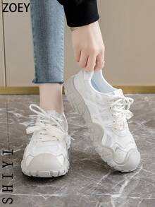 2025春夏秋冬新款厚底运动鞋，女士透气网面白色鞋，百搭休闲运动鞋 - 米色 - 查看 9