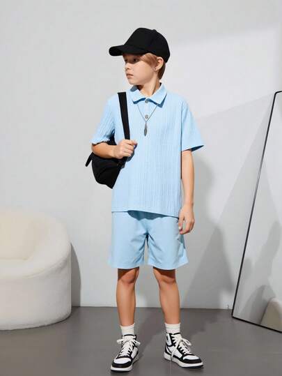 男童休闲纹理短袖 Polo 衫和短裤套装，时尚学院/街头风格，春夏款