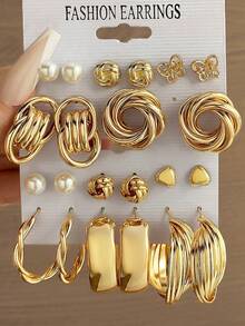 22-10pcs Fashionable Bohemian Style Metal Women Earrings Set, Geometric Exaggerated Design Jewelry Suitable For Daily, Party Wear, Holiday Gift