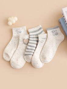 5 Pairs Women's Striped Polka Dot Cartoon Casual Ankle Socks, Versatile For Daily Wear, Spring/Summer