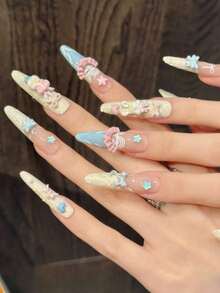 10片手工仿美甲贴纸，适合派对和日常佩戴，“棉花糖岛”3D小熊和兔子造型，尖头设计，易于佩戴。10片Y2K风格手工美甲贴纸，适合女士节日派对和日常佩戴。美甲用品 - 杏色 - 查看 3