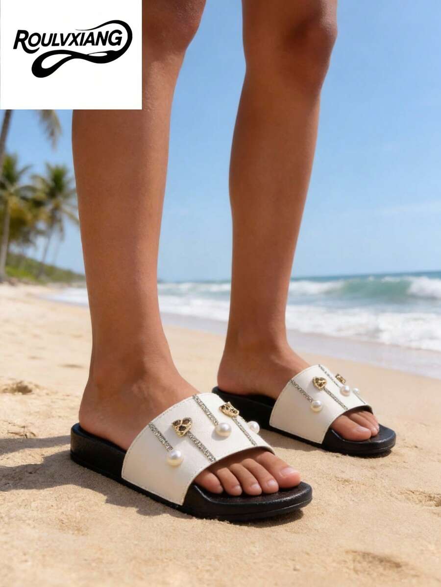 roulvxiang New Black, Brown, Apricot Slippers With Heart, Pentagram, Polka Dot, Metal Buckle Design, Casual Indoor/Outdoor, Beach, Waterproof Flat Sandals With Rhinestone Sequins For Women - White - View 1