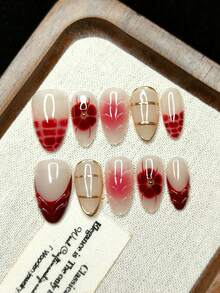 10 piezas de uñas postizas hechas a mano, forma de almendra, patrón de cuadros rojos, estilo francés, decoradas con flores rojas, líneas doradas personalizadas, estilo chica atrevida, reutilizables - Multicolor - Ver 4