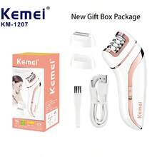 Kemei KM-1207 电动脱毛器，女士剃毛器，无痛脱毛仪，适用于腿部、腋下、比基尼区域和私处，三合一功能，从根部去除毛发，包含电动磨脚器和修甲工具 - 白色 - 查看 10