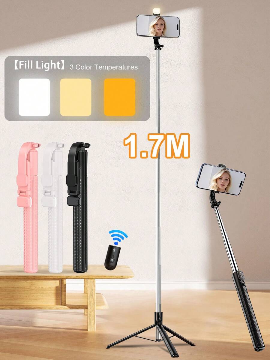 1,7 m Nuevo palo de selfie Bluetooth, control remoto inalámbrico de 10 m, soporte de teléfono giratorio y desmontable a 360°, estructura reforzada, trípode estable, equipo para transmisión en vivo, material de aleación, con luz de relleno LED, ajustable y extensible, compatible con iPhone 17/16/15/14/13/12, S25/S24/S23/S22/S21/S20 y cámaras, luz de relleno para cámara DSLR - Unitalla - Ver 1
