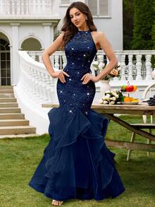 MIUSOL Vestido largo formal de fiesta con volantes, encaje floral con lentejuelas y contraste de malla sin espalda, elegante vestido de fiesta para damas, vestido de noche formal, vestido de baile, adecuado para invitados de boda, ceremonia de graduación, cena de gala y otras ocasiones de primavera - Azul Marino - Ver 6