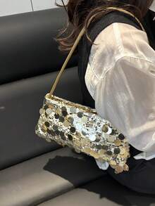 Túi xách đính sequin thời trang, túi đeo vai màu trơn thanh lịch, túi tote đa năng màu trơn giản dị. - Vàng - Xem 2