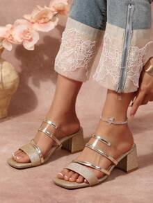 2026 Silver/Gold Glitter Transparent Chunky Heel Slides, New Spring/Summer Slip-On Sandals With Sparkling Sequins, Versatile For Commute And Date - Gold - View 3