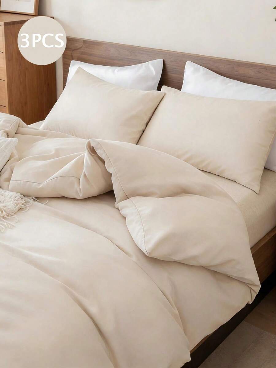 3pcs 100% Polyester Bedding Set (1 Duvet Cover & 2 Pillow Shams), Lightweight, Breathable, Cloud-Like Soft, Modern Home Textile Suitable For All Seasons - Khaki - View 1
