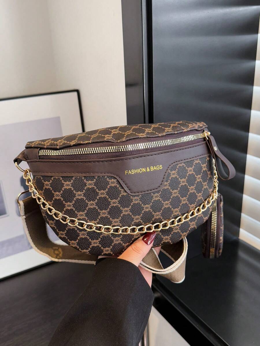 Retro Fashion Niche Shoulder Diagonal Underarm Floral Wide Strap Women Chest Bag - Brown - View 1