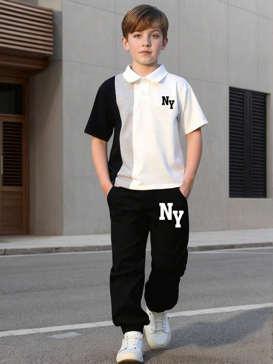 Tween Boy Cartoon Print Polo Shirt And Pants Set - White - View 1