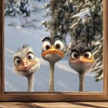 1pc Funny Big-Eyed Ostrich Window Sticker, Self-Adhesive Translucent Door/Window Decor, Whimsical Winter Animal Scene Sticker - Multicolor - View 3
