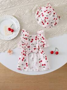 2pcs/Set Pet Cat & Dog Cherry Print Dress + Pet Hat, Cute Princess Dress For Cats & Dogs, Suitable For Daily Wear And Photo Shoots
