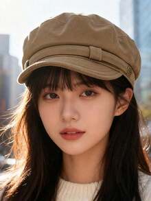 New Beret Hat, Autumn/Winter  Vintage Navy Style Hat, High-Quality Flat  Newsboy Cap, Women's Korean Versatile Solid Color Polyester Hat, Suitable Autumn/Winter Season - 有 - 查看 8