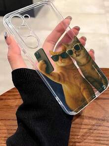Cartoon Cat With Glasses Painted Anti-Drop Transparent Minimalist Shockproof Phone Case Compatible With IPhone 17/17 Pro, 16/15 XR/7/8, 16 Pro Max, 13/14 Series, Galaxy, Redmi 10/9/Note Series - Multicolor - View 4