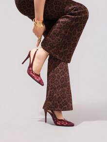 时尚蕾丝刺绣高跟鞋，性感尖头晚宴派对鞋，超高跟踝带凉鞋，酒红色细高跟女鞋 - 酒紅色 - 查看 9