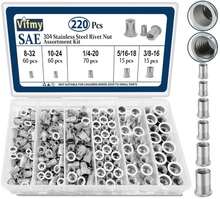 Vifmy 10-24 UNC Rivet Nut, 125Pcs Zinc Plated Finish Carbon Steel Flat Head Threaded Insert Nutsert Kit - ColorN - View 1