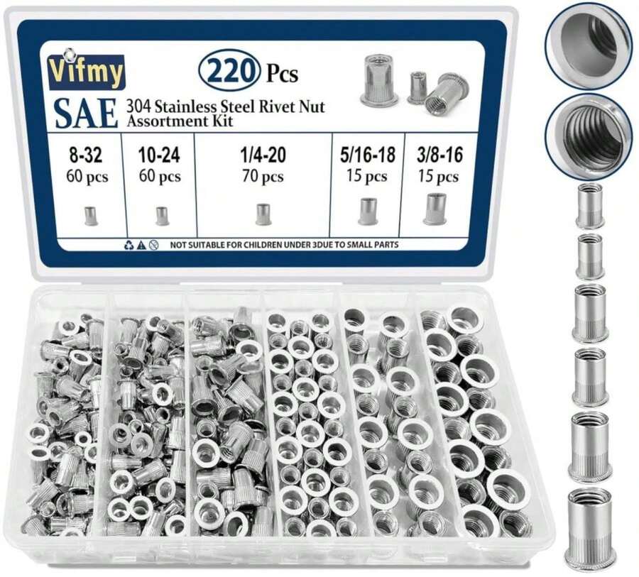 Vifmy 10-24 UNC Rivet Nut, 125Pcs Zinc Plated Finish Carbon Steel Flat Head Threaded Insert Nutsert Kit - ColorN - View 1