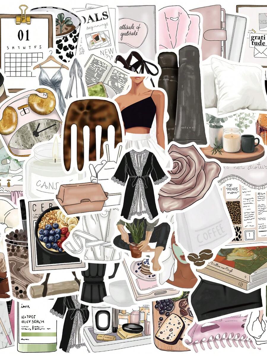 50张卡通梦幻可爱复古美学贴纸套装，水彩时尚ins风贴纸，防水贴纸，适用于水瓶、滑板、行李箱、笔记本电脑、汽车、主题派对用品