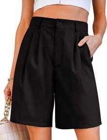 Bermuda Shorts Women Dressy Casual High Waisted Summer Work Elastic Waist Pleated Dress Shorts With PocketsA Valentine's Day U6EB - Black - View 8