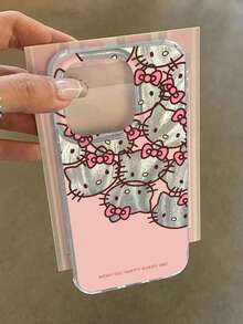 Sanrio新款羽毛雪纺粉色背景Hello Kitty蝴蝶结可爱猫咪手机壳，兼容 17 Pro Max、16 Pro Max、15 Pro、14、13、12、11，时尚卡通小众非主流设计 - 彩色 - 查看 3