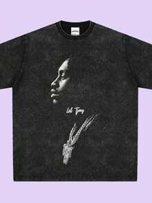 Liil TJay Rapper T-Shirt Short Sleeve Vintage Wash - màu đen - Xem 1