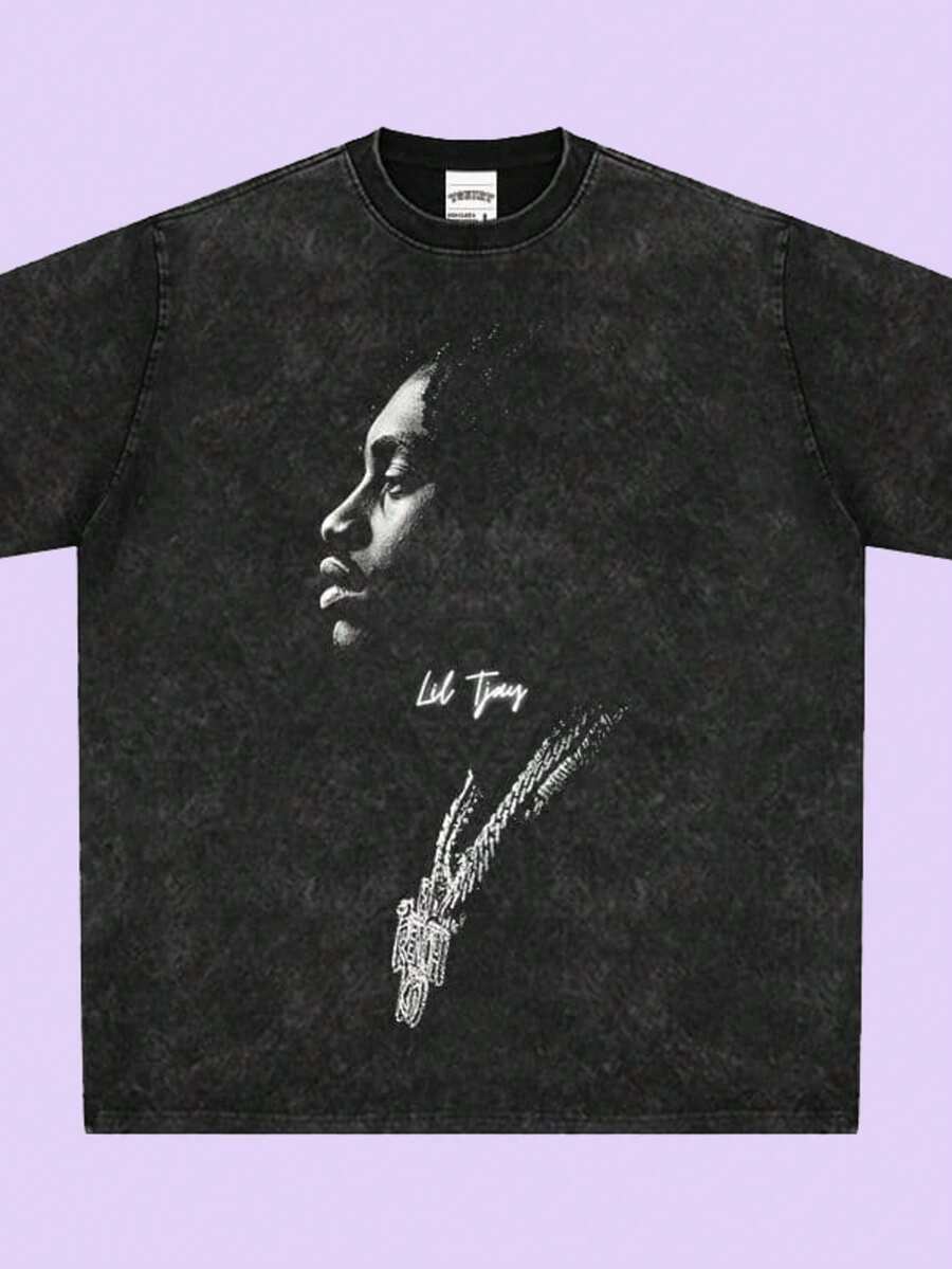 Liil TJay Rapper T-Shirt Short Sleeve Vintage Wash - màu đen - Xem 1