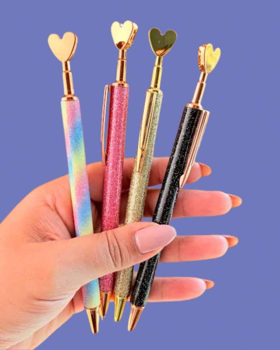 1 Peça Caneta Esferográfica Metálica com Glitter Ponta de Coração - Acabamento Multicolorido com Glitter, Detalhes em Ouro Rosa, Escrita Suave, Adequada para Escritório, Casamento, Assinatura e Presentes - Instrumento de Escrita de Metal Premium de Luxo, Caneta Elegante, Papelaria de Casamento, Exalando Qualidade Luxuosa - Elegante - Visão 1