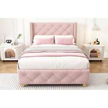 Bed With Storage Compartment And Drawers, Velvet Upholstery, Tufted Bed, Slatted Base, Double Bed, Large Storage Space