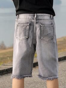 青少年男生休闲校园时尚直筒牛仔短裤，百搭街头服饰 - 灰色 - 查看 8