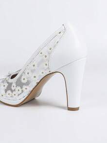 White Mesh Round Toe Pumps, Chunky Heel Slip-On Bowknot Breathable Shoes For Women - White - View 9