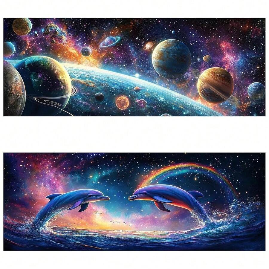 2 Pack Large Diamond Art Kits For Adults, Planets & Dolphins Diamond Painting Art DIY Full Round Drill Kits, Embroidery Rhinestone Diamond Crystal Craft Canvas Home Wall Decor 31.5x11.81 Inch - 行星與海豚 - 查看 1