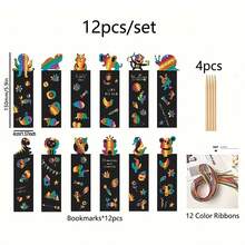 24/48件装魔法彩色刮刮书签制作手工套装，DIY彩虹刮刮纸书签，含刮刮工具和丝带，适合儿童、学生、派对礼物、课堂活动 - 黑色 - 查看 8