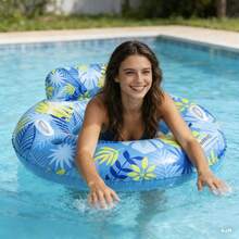 Summer Pool Floating Mat With Headrest - Luxury Tropical Leaf Design Inflatable Lounger For Adults, Perfect For Relaxation, Sunbathing And Pool Parties (Blue And Pink) - Tropical Leaves - View 2