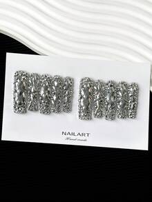 Y2K Extra-Long Square Nails Handmade Press-On Nails With Transparent Tips,Silver Rhinestones & Sparkling Full-Coverage 3D Designs - Full Cover DIY Glitter Artificial Nails, False Nails For Parties, Outdoor, Beach, Daily, Holidays, Gatherings, Work & Special Events - 10 Pieces/Bag - Silver - View 6