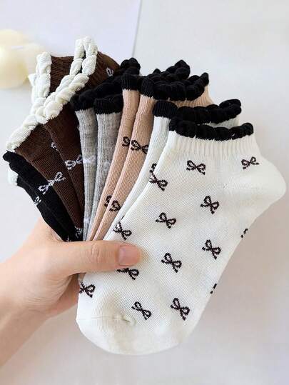 5 pares de calcetines de tobillo casuales y deportivos con estampado de lazo para mujer